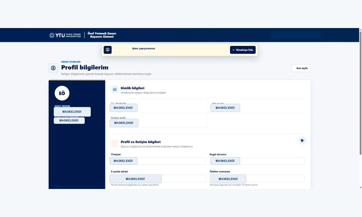 Aday profil bilgileri ekranı
